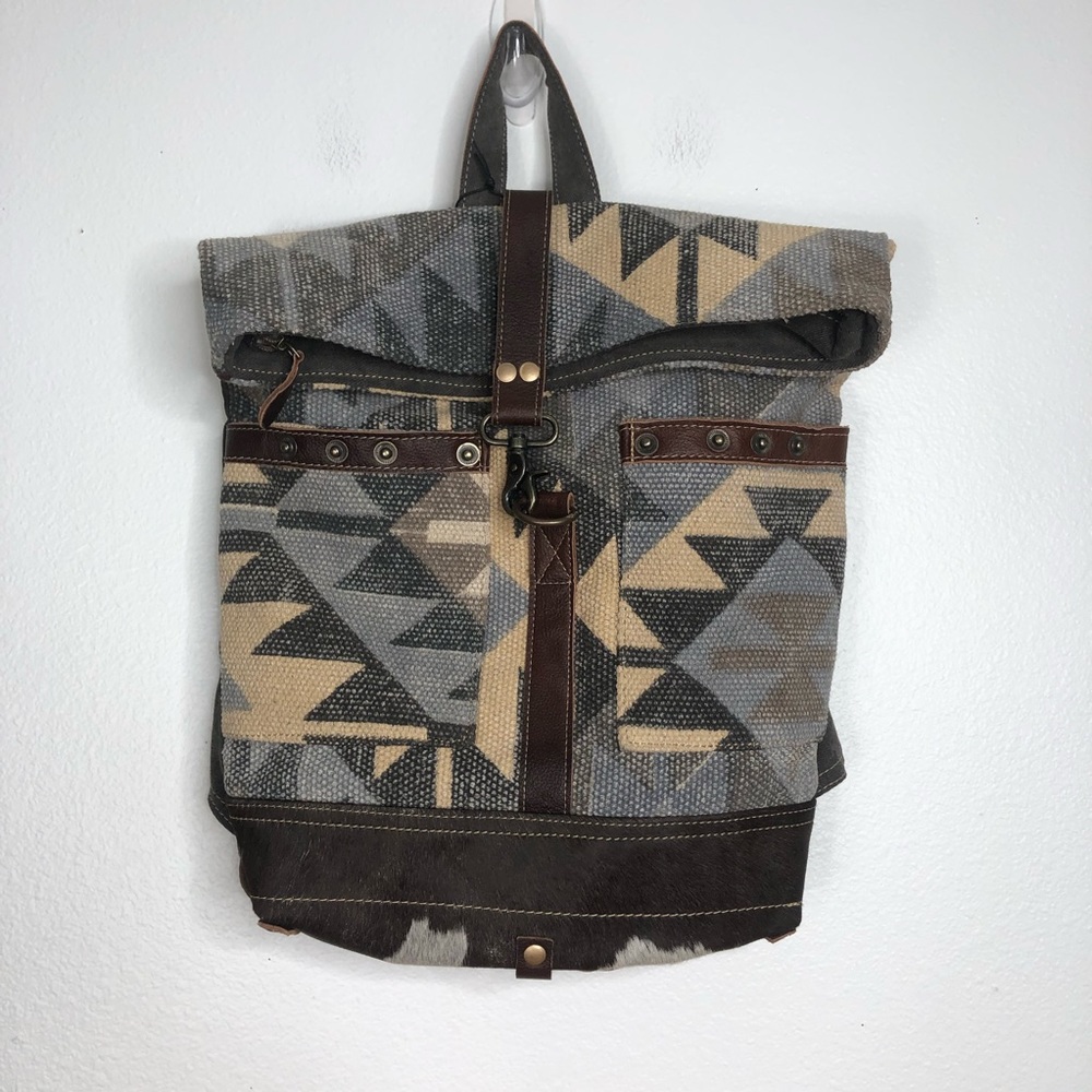 Myra Bag Geometric Pattern Backpack - Gray, Brown… - image 1